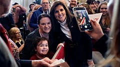 Republican presidential candidate former UN Ambassador Nikki Haley poses for a selfie after speaking at a campaign event in South Burlington, Vermont, Sunday, March 3, 2024.