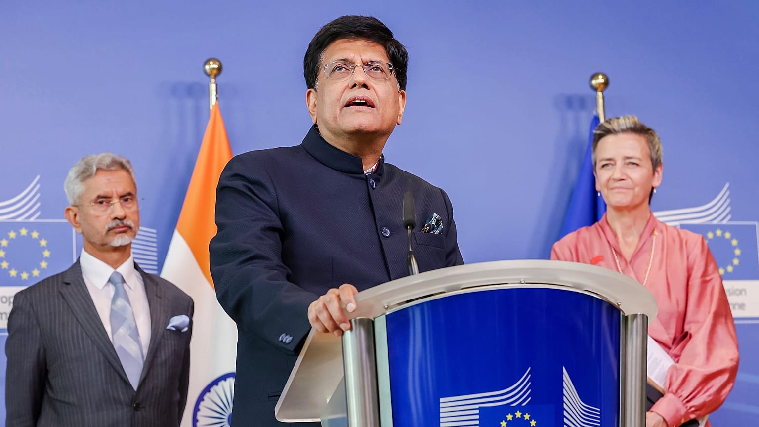 India's Commerce and Industry Minister Piyush Goyal during a press conference at EU headquarters in Brussels, May2023.