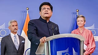 India's Commerce and Industry Minister Piyush Goyal during a press conference at EU headquarters in Brussels, May2023.