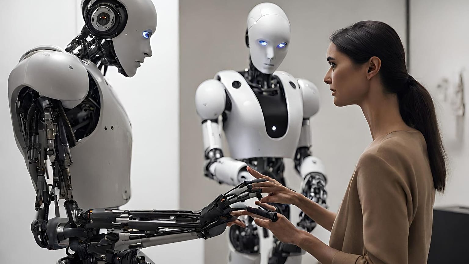 AI generated image showing interaction between a human being and a humanoid robot