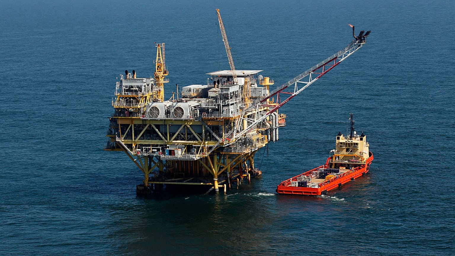 A rig and supply vessel pictured in the Gulf of Mexico, off the cost of Louisiana