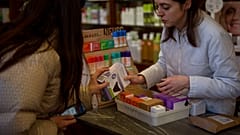 Eine Frau erhält in einer Apotheke in Barcelona, Spanien, am Dienstag, den 5. März 2024, kostenlos eine Unterwäsche für die Periode.