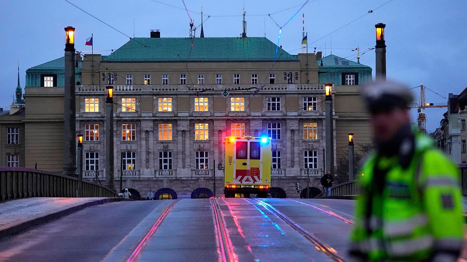  A police officer guards a street in downtown Prague, Czech Republic, on Dec. 21, 2023.