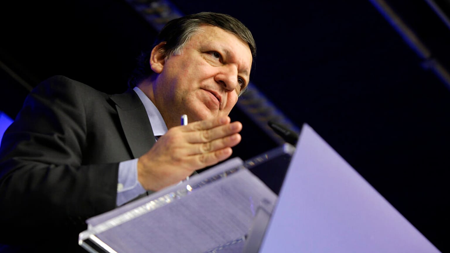 European Commission President Jose Manuel Barroso gestures while speaking during a media conference in 2012