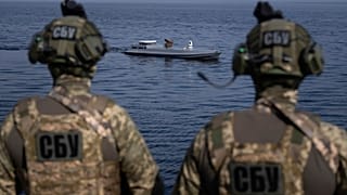 A new released Sea Baby drone "Avdiivka" rides on the water during the presentation by Ukraine's Security Service in Kyiv region, Ukraine, on Tuesday, March 5, 2024.