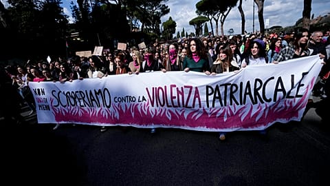 Women hold a banner reading in Italian "We strike against patriarchal violence" during a march to mark International Women's Day in Rome on Friday 8 March 2024. Marches.
