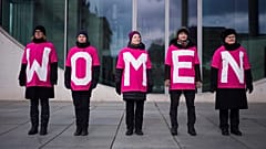 Women attend a protest marking International Women's Day, March 8, 2023, in Berlin, Germany. 