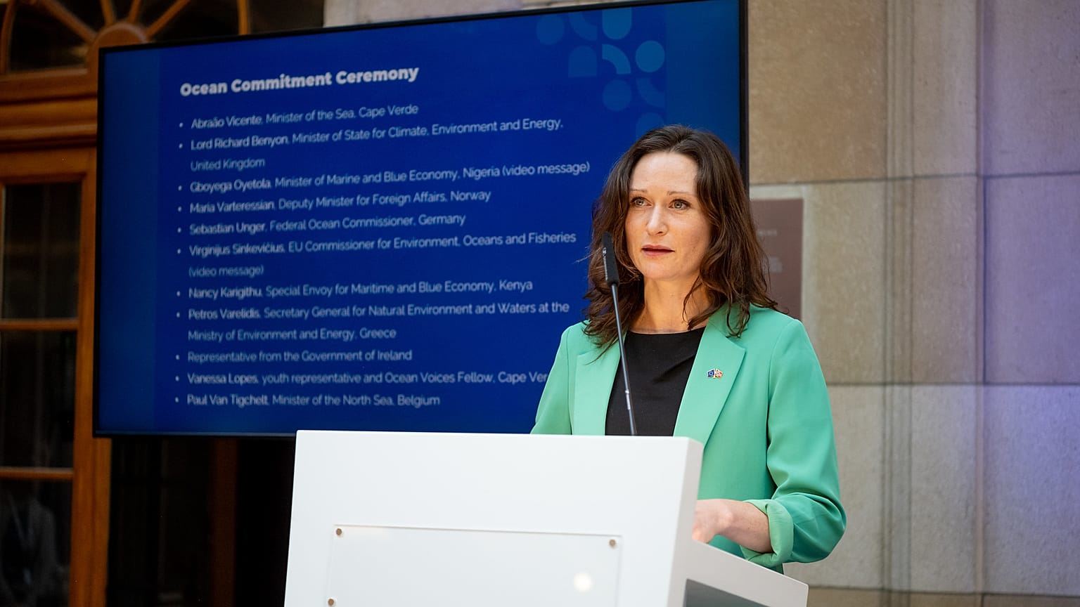 Norwegian foreign ministry state secretary Maria Varteressian speaks at a Belgian government event to promote the United Nations' new High Seas Treaty on biodiversity.