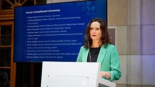Norwegian foreign ministry state secretary Maria Varteressian speaks at a Belgian government event to promote the United Nations' new High Seas Treaty on biodiversity.