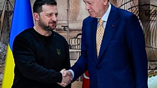 Turkish President Recep Tayyip Erdogan, right, shakes hands with Ukrainian President Volodymyr Zelenskyy in Istanbul, Turkey, Friday, March 8, 2024.