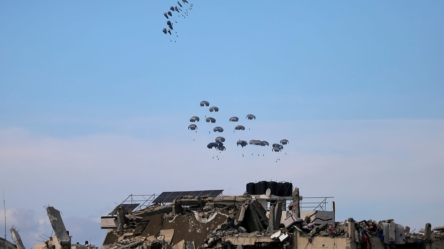 United States Air Force drops humanitarian aid to Palestinians in the Gaza Strip, Saturday, March 9, 2024. 