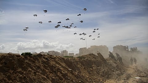 United States Air Force drops humanitarian aid to Palestinians in Gaza City, Gaza Strip, on Saturday, 9 March, 2024.