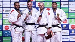 Le podium masculin de la troisième journée du Grand Chelem de Judo de Linz