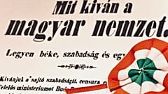 2014. március 2. A Landerer és Heckenast nyomdájában kinyomtatott 12 pontot tartalmazó kiáltvány részlete, mellette nemzetiszín kokárda. Fotómontázs