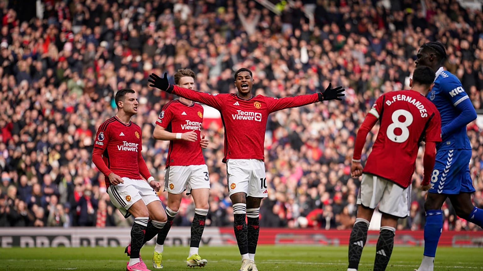 Manchester United's Marcus Rashford, centre, celebrates during a football match between Manchester United and Everton at the Old Trafford Stadium on Saturday 9 March 2024.