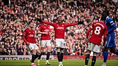Manchester United's Marcus Rashford, centre, celebrates during a football match between Manchester United and Everton at the Old Trafford Stadium on Saturday 9 March 2024.