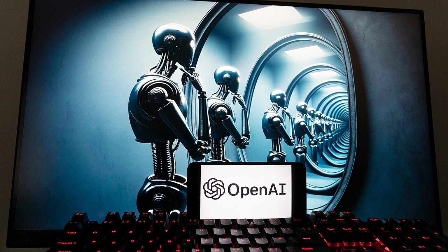 O logótipo da OpenAI é apresentado num telemóvel com uma imagem num ecrã de computador gerada pelo modelo texto-imagem Dall-E do ChatGPT.