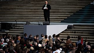 Hungarian Prime Minister Viktor Orban gives a speech on the steps of the National Museum in Budapest, Hungary, on March 15, 2024.