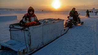 Rentierschlitten im Sonnenaufgang