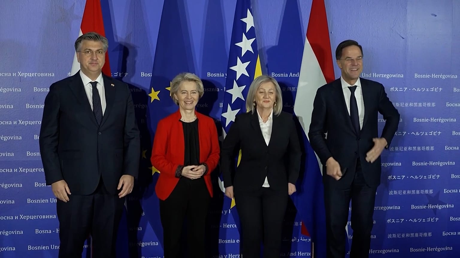 Ministerpräsidentin Borjana Kristo, ´Ministerpräsident Plenkovic, von der Leyen und Rutte in Sarajevo..