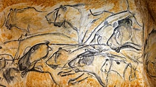 Drawings of animal figures are seen in the life size replica of Grotte Chauvet, or Chauvet cave, in Vallon Pont d'Arc, near Bollene, southern France
