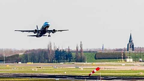 A plane takes of at Brussels Zaventem airport. The EU is banking on biofuels to help reduce the growing climate impact of the aviation industry.