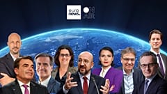O Presidente do Conselho Europeu, Charles Michel (C), participa num evento da Euronews em Bruxelas, a 19 de março de 2024.