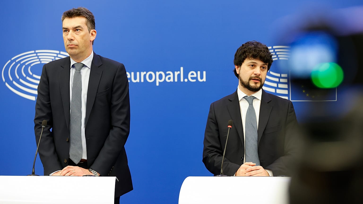 MEP Dragoș Tudorache, left, and MEP Brando Benifei, right