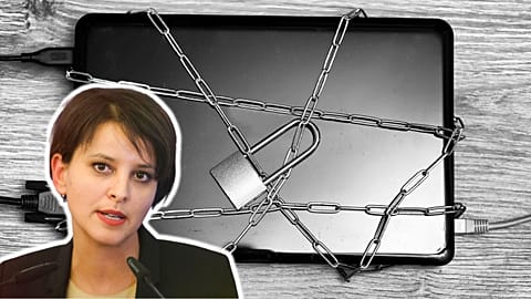 Collage with Najat Vallaud Belkacem talks, during a meeting, in Paris, Thursday, Jan. 15, 2015. 