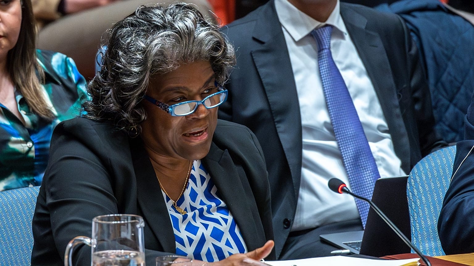 US Ambassador Linda Thomas-Greenfield addresses a meeting of the United Nations Security Council