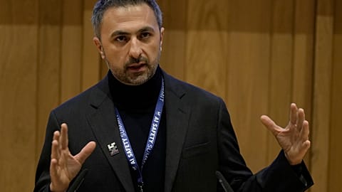 Mustafa Suleyman co founder and CEO of Inflection AI speaks to journalist during the AI Safety Summit in Bletchley Park, Milton Keynes, England, Wednesday, Nov. 1, 2023. 