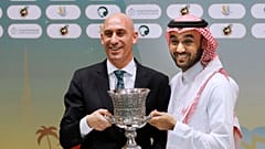 President of the Spanish Federation Luis Rubiales and Saudi General Sport Authority GSA chairman Prince Abdulaziz bin Turki Al-Faisal Wednesday, Dec. 18, 2019.