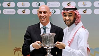 President of the Spanish Federation Luis Rubiales and Saudi General Sport Authority GSA chairman Prince Abdulaziz bin Turki Al-Faisal Wednesday, Dec. 18, 2019.