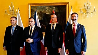 Polish FM Radosław Sikorski, Czechia's FM Jan Lipavsky, Hungary's FM Péter Szijjártó and Slovakian FM Juraj Blanar meet in Prague, Czech Republic, Thursday, March 21, 2024. 