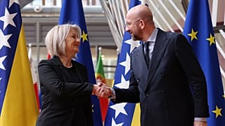O Presidente do Conselho Europeu, Charles Michel, com Borjana Krišto, Presidente do Conselho de Ministros da Bósnia e Herzegovina