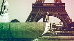 A man sunbaths at the Trocadero fountains in front of the Eiffel Tower, September 2023