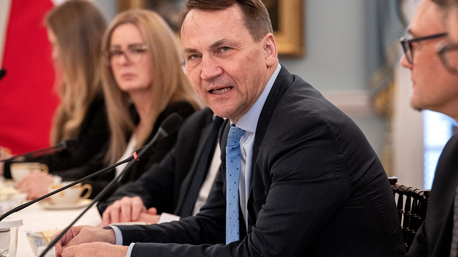 Le ministre polonais des Affaires étrangères Radoslaw Sikorski lors d'un déplacement à Washington, Etats-Unis, le lundi 26 février 2024.