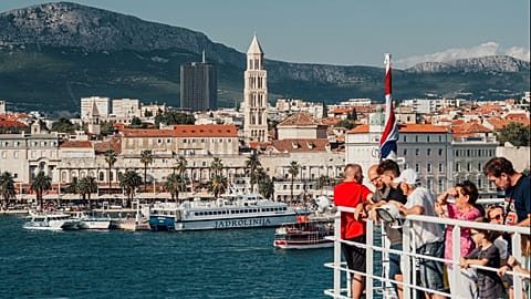Travellers on a ferry in Split, Croatia.