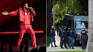 Sean "Diddy" Combs actuando no MTV Video Music Awards 2023 (à esquerda), autoridades federais revistando a casa de Combs em Miami Beach, Florida, na segunda-feira (25 de março).