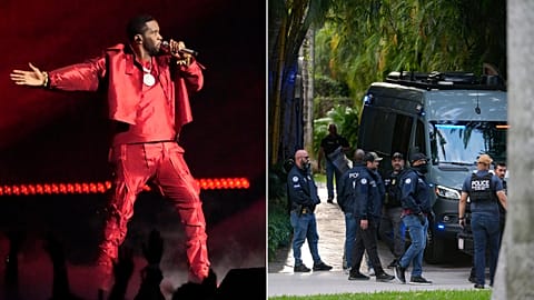 Sean "Diddy" Combs performing at the 2023 MTV Video Music Awards (left), federal authorities searching Combs' home in Miami Beach, Florida on Monday (25 March).