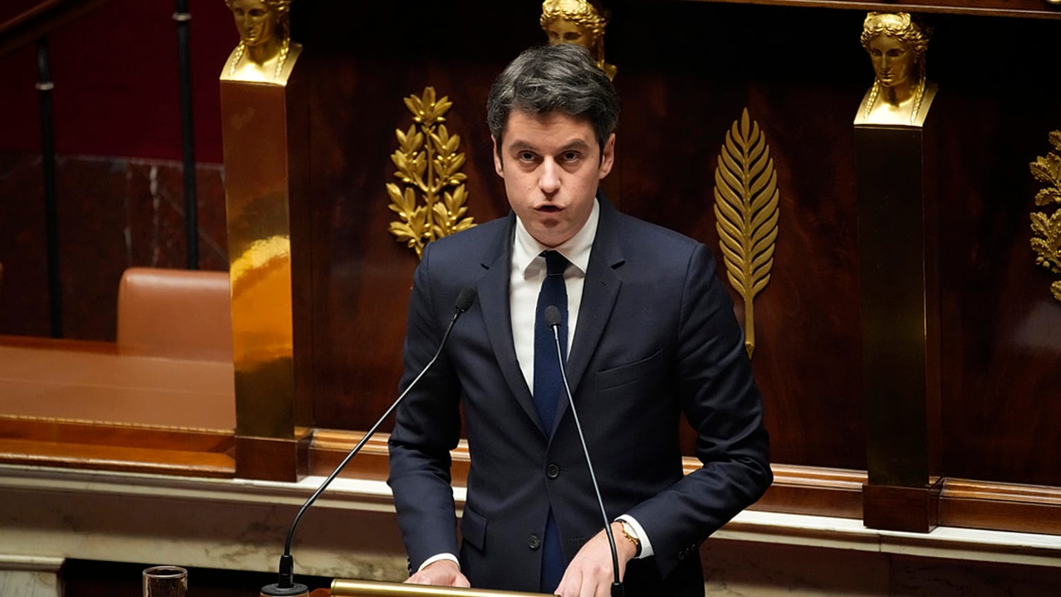 FILE - France's Prime Minister Gabriel Attal delivers a speech at the National Assembly, in Paris, Tuesday, March 12, 2024. 