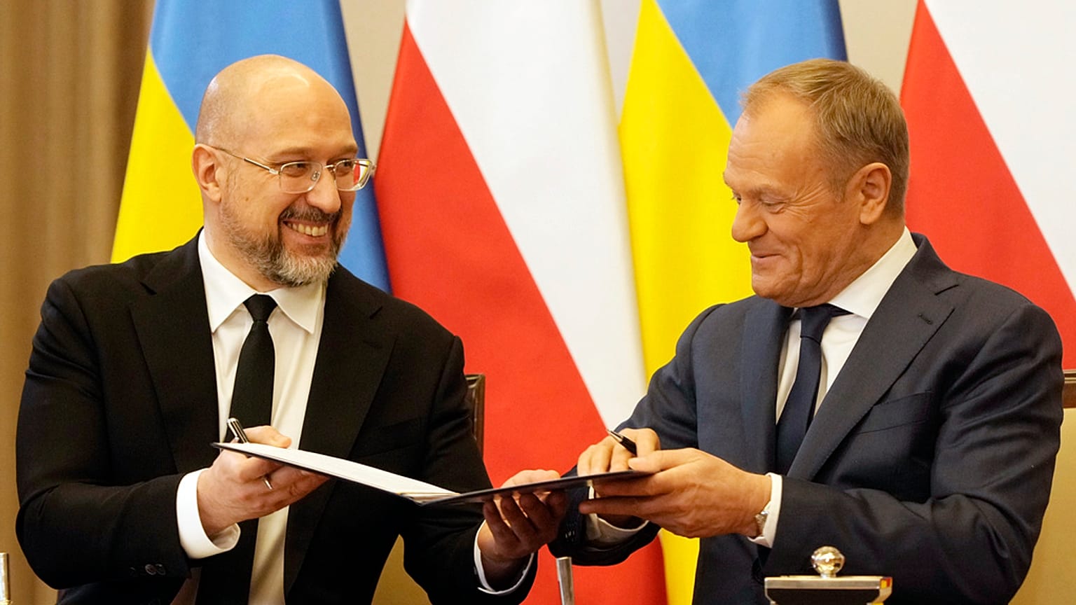 Poland's Prime Minister Donald Tusk, right, and Ukraine's Prime Minister Denys Shmyhal, Warsaw, Poland, Thursday, March 28, 2024.