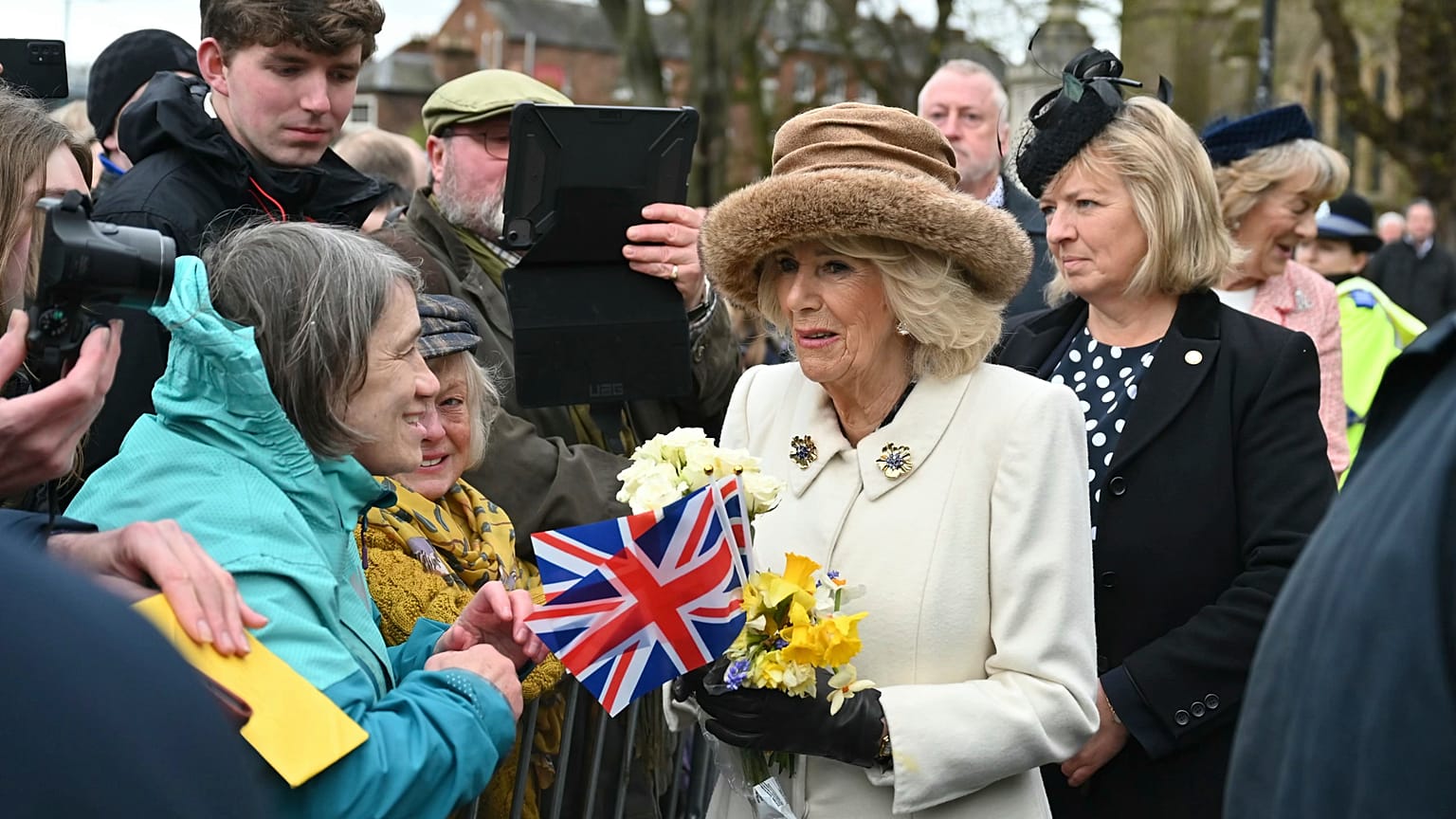 Britain's Queen Camilla meets well-wishers after attending the Royal Maundy Service, in Worcester, England.