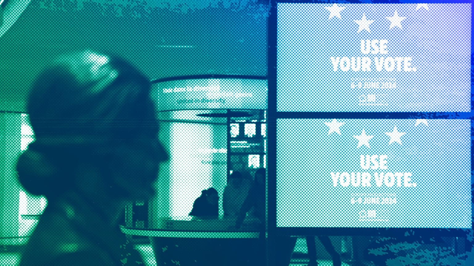 Screens promote the upcoming European Elections at the European Parliament in Strasbourg, March 2024