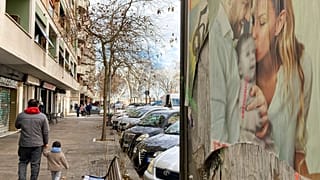 Bir adam ve bir çocuk, Roma'da, üzerinde "yok oluş" yazan ve bebeklerini kucaklayan bir anne ve babayı gösteren bir posterin önünden geçiyor. 1 Şubat 2021 