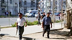 Police officers secure an area in the capital of Tajikistan, Dushanbe, εικόνα αρχείου