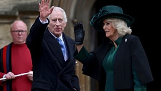 Britain's King Charles III, center, and Queen Camilla wave as they arrive to attend the Easter Matins Service at St. George's Chapel, Windsor