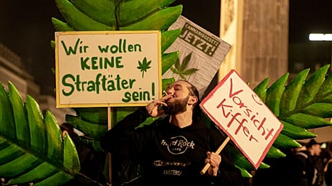 Man protesting marijuana legalisation with sign saying "We don't want to be criminals!"
