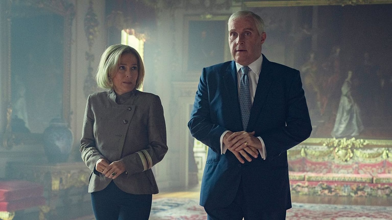 Rufus Sewell portraying Prince Andrew and Gillian Anderson as journalist Emily Maitlis in 'Scoop'