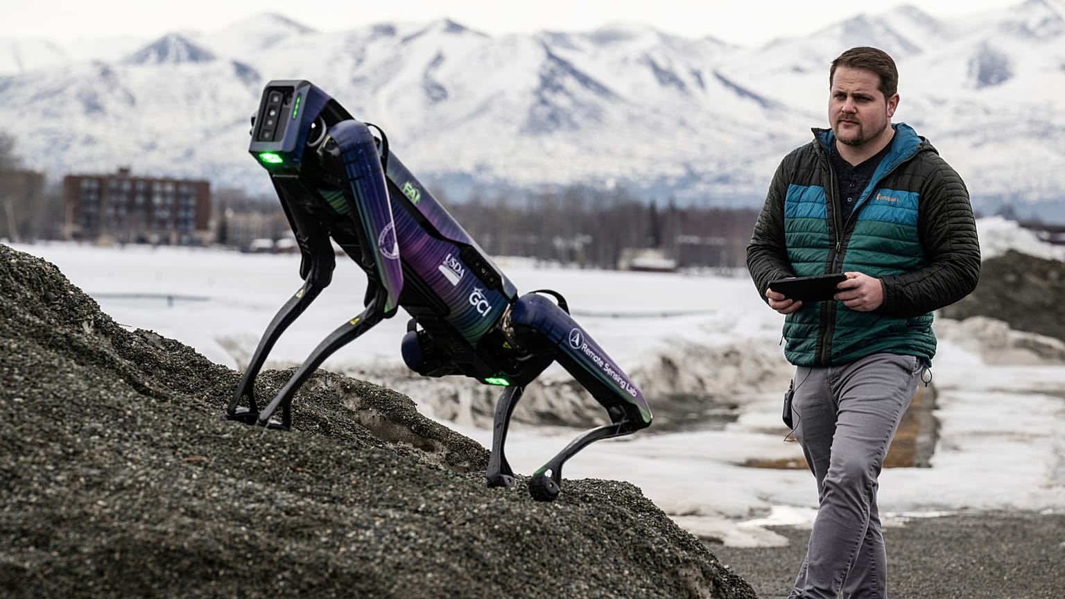 Alaska Department of Transportation program manager Ryan Marlow demonstrates the agency's robotic dog in Anchorage, Alaska, on 26 March 2024.